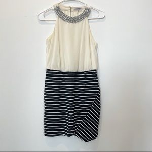 White Black Dress with Jeweled Halter Neckline - Formal